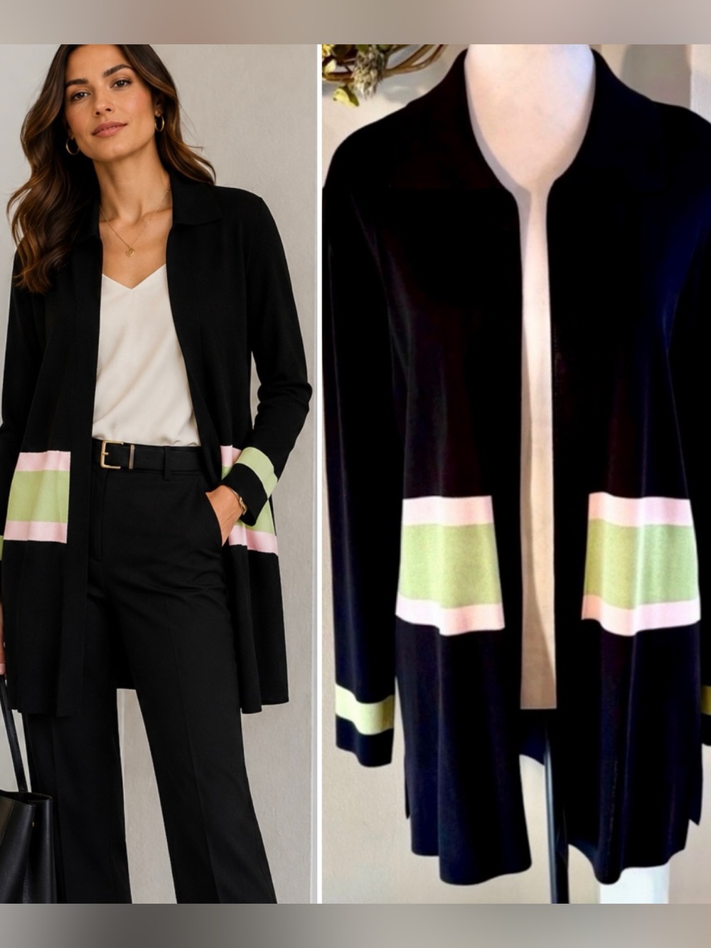 Exclusively Misook Black Open Front Knit Cardigan Duster Green Pink Trim~ S💛